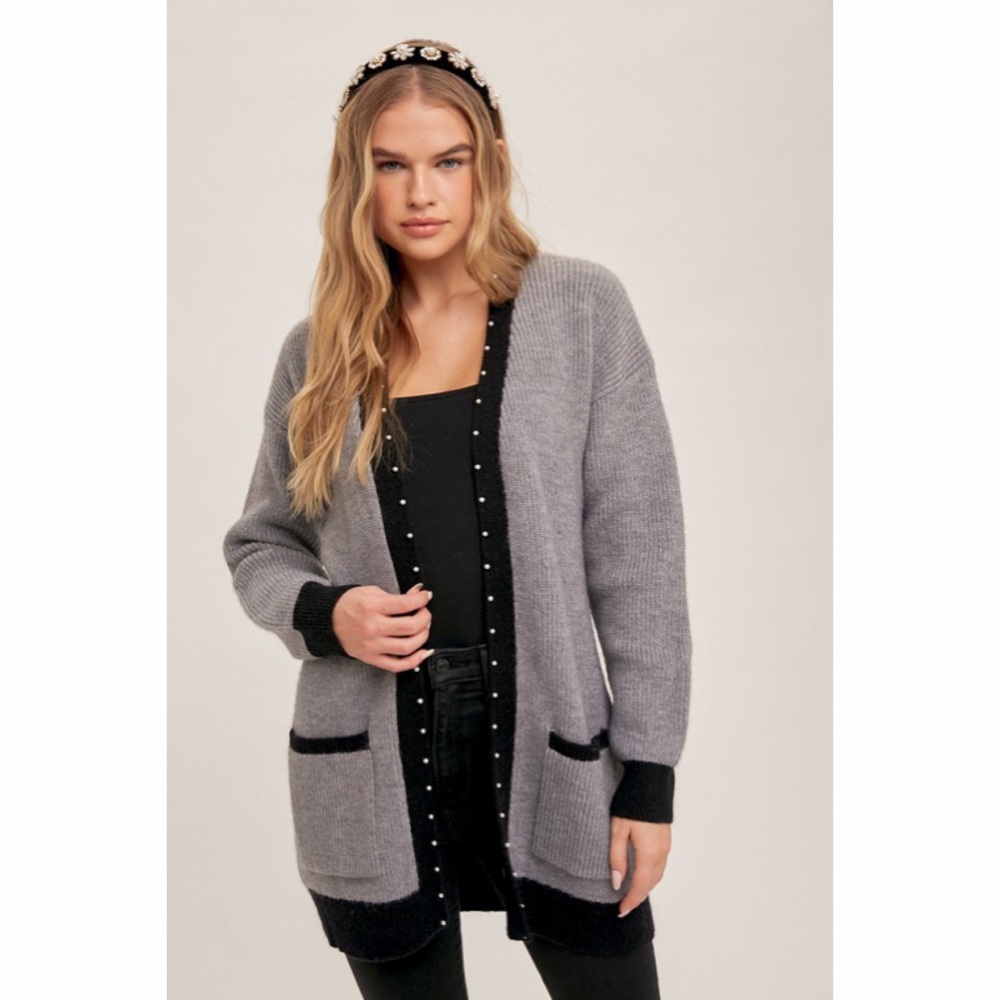Hem & Thread Pearl Embellished Color Block Open Cardigan